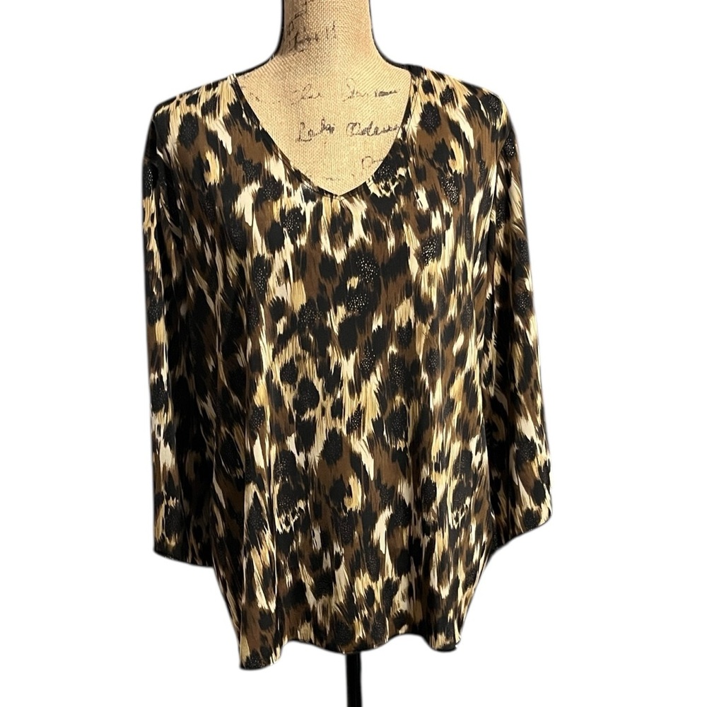 Brittany Black Leopard Print Plus Size Blouse with Metallic Accents